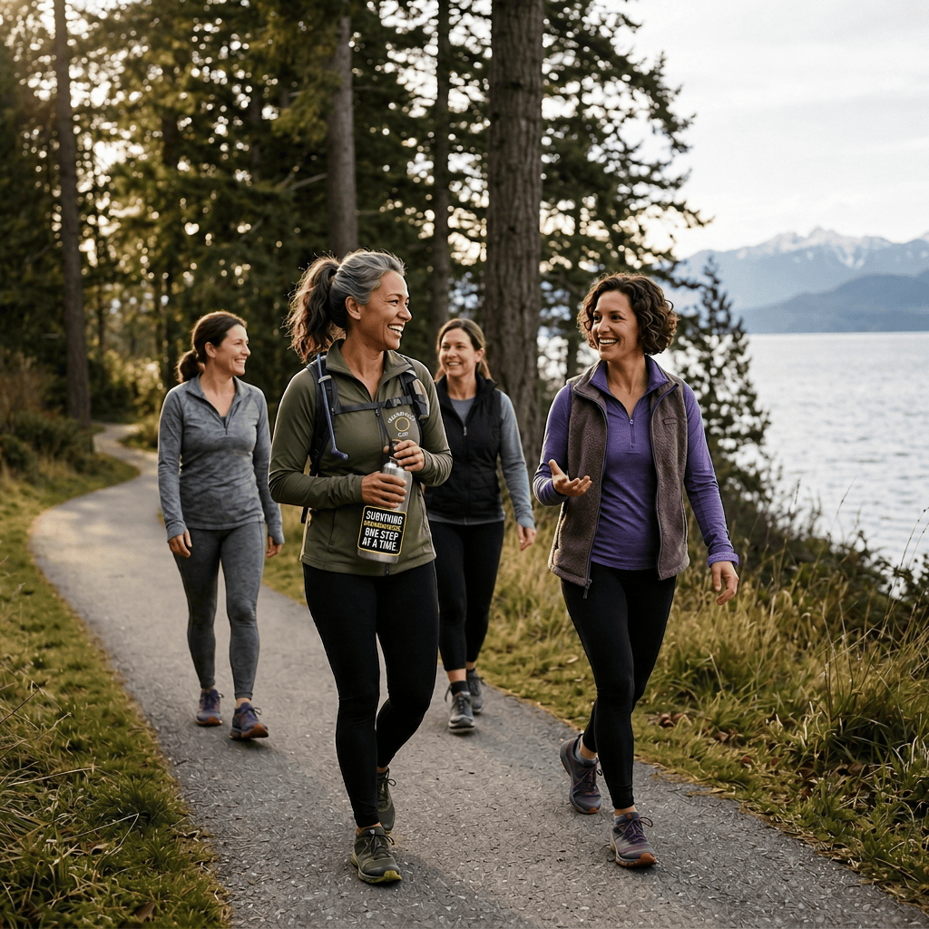 Four women walking and talking on a forest trail beside a lake